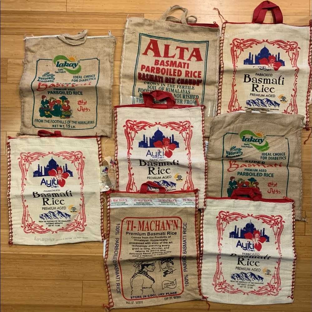 Lot of eight (8) various basmati rice burlap zipper handle bags